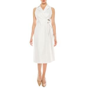New London Style Collection White Collared Sleeveless Faux Wrap Midi Dress Sz 4